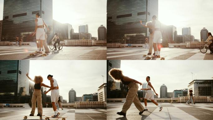 年轻人在城市里玩滑板