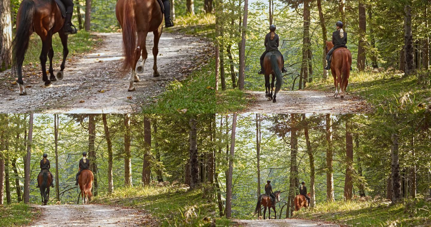 两个女人在森林里骑马