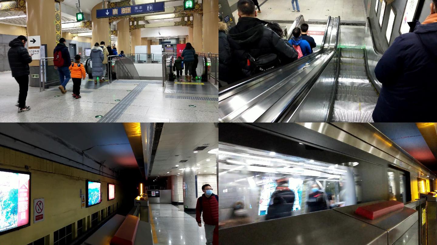 地铁站上班白领人群下电梯赶上地铁车到站