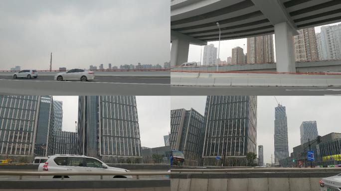 白天上海高架桥到普通公路车左空镜