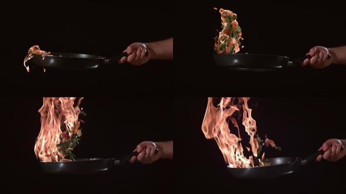 炒菜中的燃烧火焰厨艺炒菜慢动作广告宣传片
