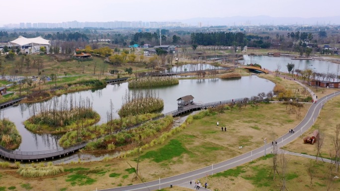 公园城市成都白鹭湾湿地公园航拍4K