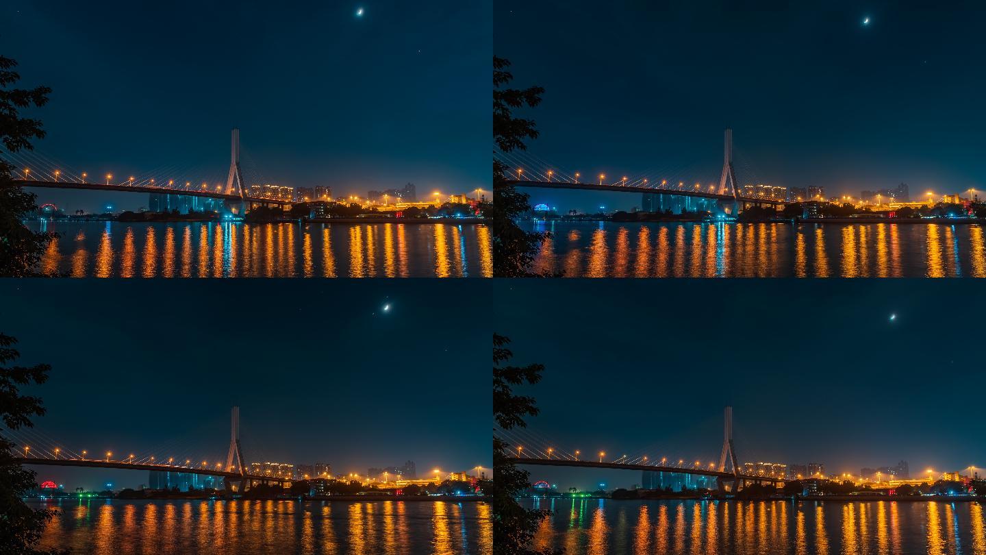 广州太古仓路珠江鹤洞大桥夜景月亮延时素材