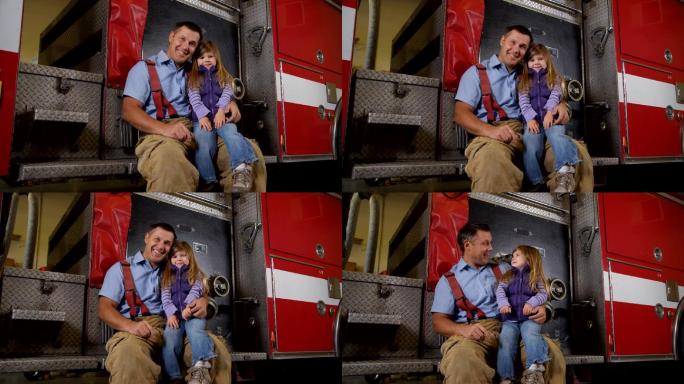 坐在消防车上的消防员和年轻女孩