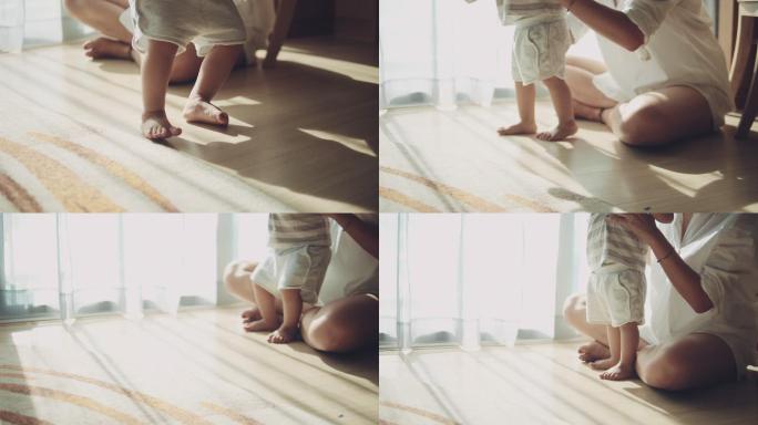 小女孩在地板上迈出了第一步