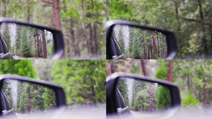 汽车侧后视镜反射约塞米蒂国家公园