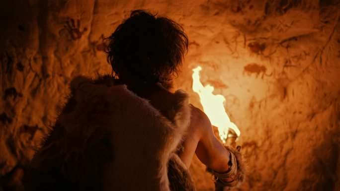 穿着兽皮的原始穴居人拿着火把看墙上的画。