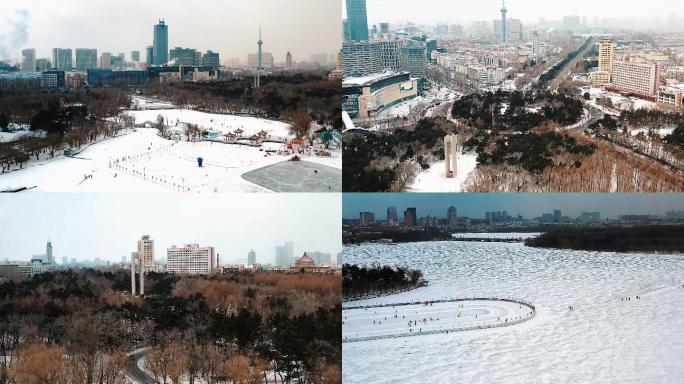 冰雪冬天城市航拍南湖长春人民广场4K