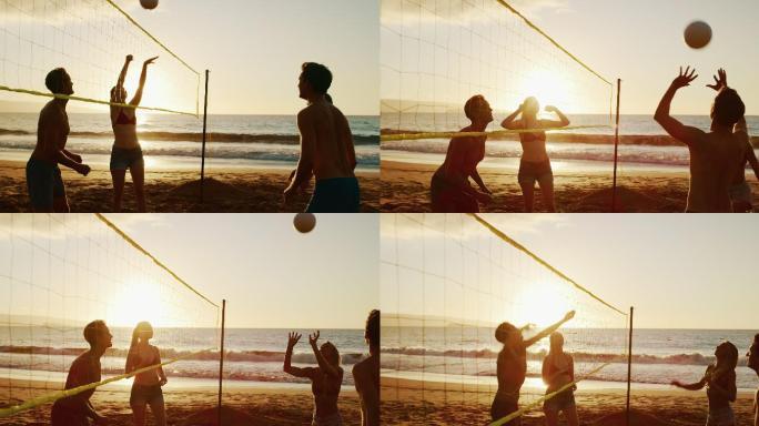 朋友们在日落时打沙滩排球