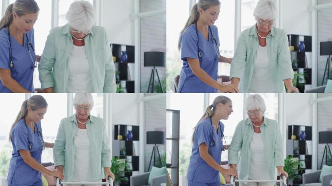 一名年轻护士用助行器帮助一名老年妇女
