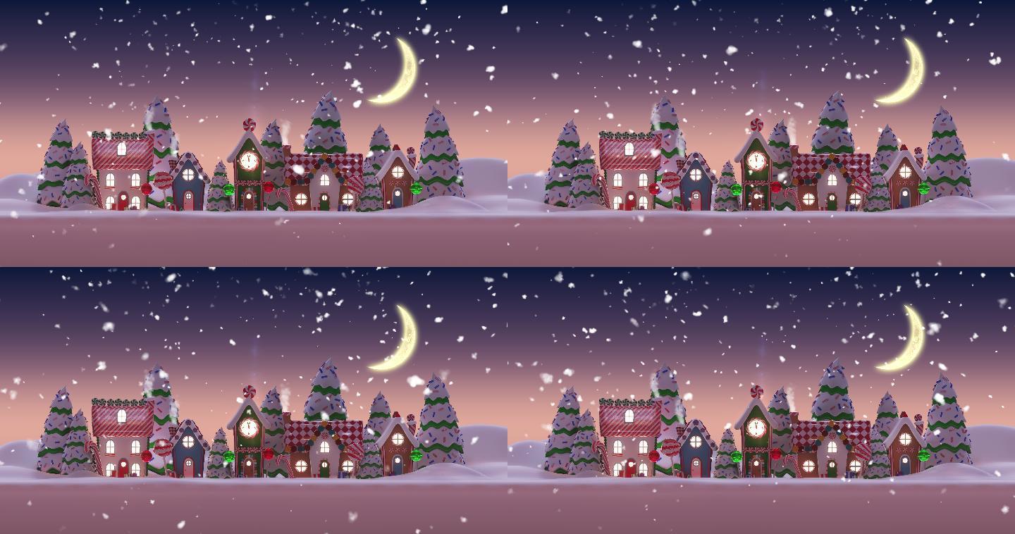 圣诞夜雪城动画下雪雪花圣诞树