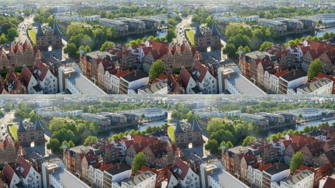 从德国吕贝克市圣佩特里教堂塔楼俯瞰全城