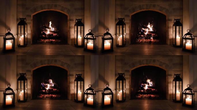 夜晚，家中一个舒适的燃木壁炉的特写镜头