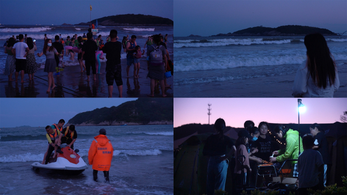 夜晚海边海滩人群视频素材