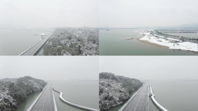 湖南常德柳湖沙月航拍雪景4K