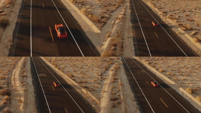 轿车沿着荒凉的沙漠公路行驶