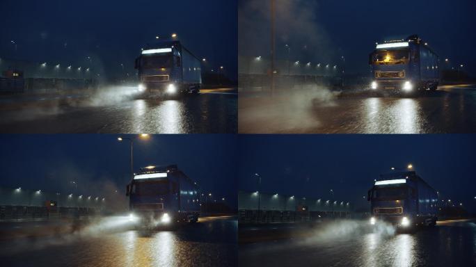 半挂车满载货物雨天货车生活不易夜晚开车