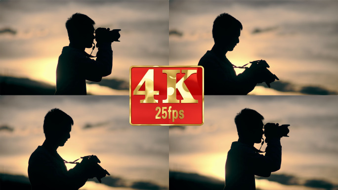 【4k】摄影师剪影落日拍照查看相机
