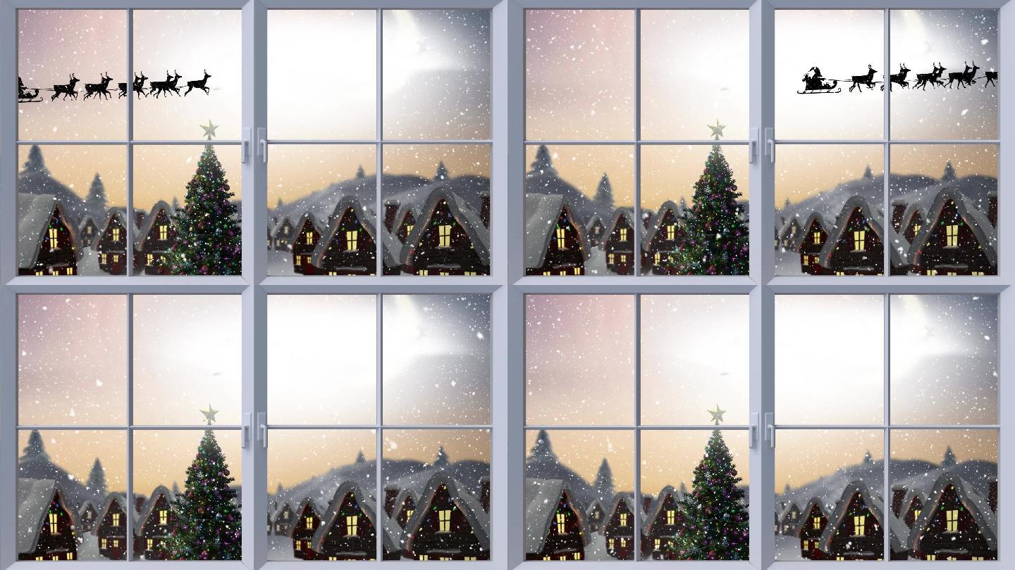 木窗框和降雪的数字动画