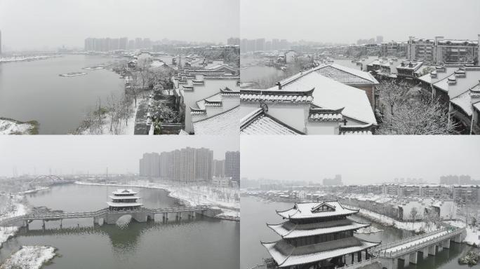 常德河街雪景航拍古街大小河街古建筑4k