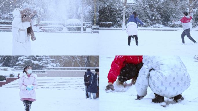4k 下雪打雪仗孩子玩雪