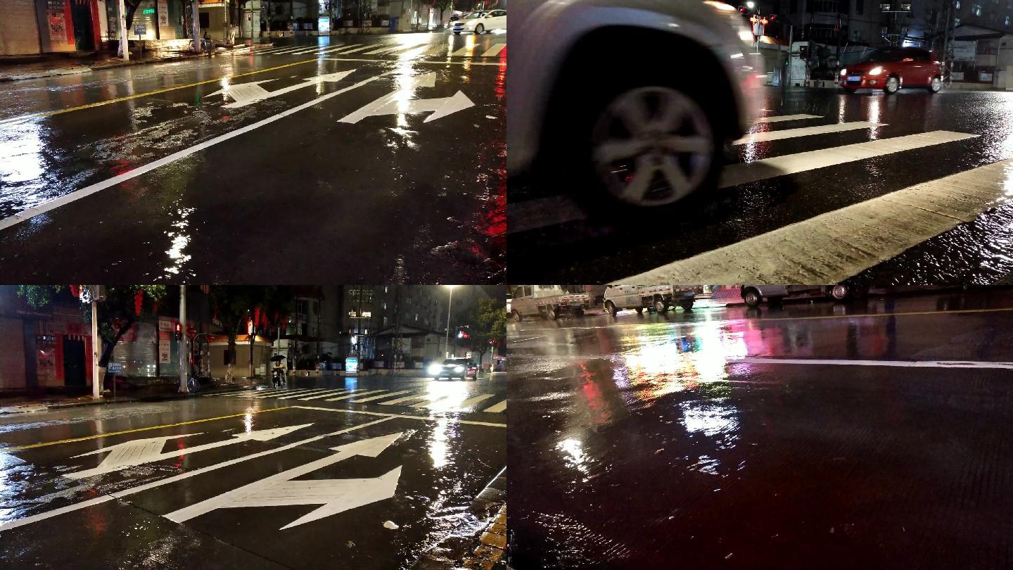 春雨天街市夜晚车流灯光行人红绿灯斑马线路