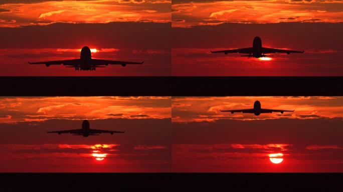 大型客机在橙色夕阳下起飞的剪影
