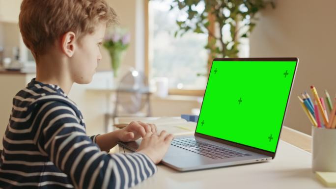 小男孩使用绿色屏幕笔记本电脑进行学习
