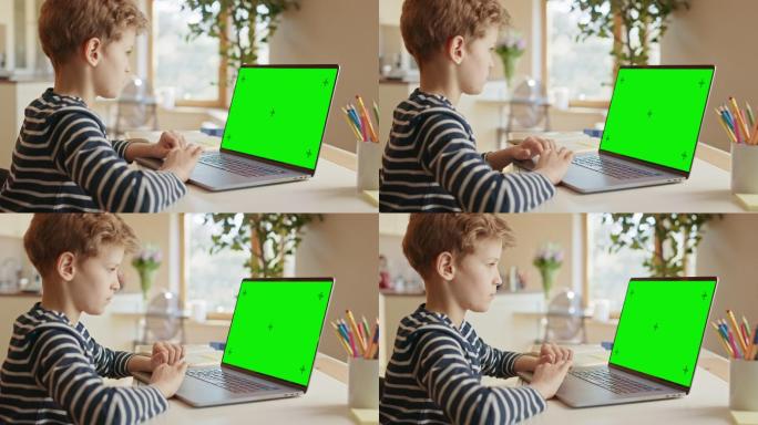 小男孩使用绿色屏幕笔记本电脑进行学习