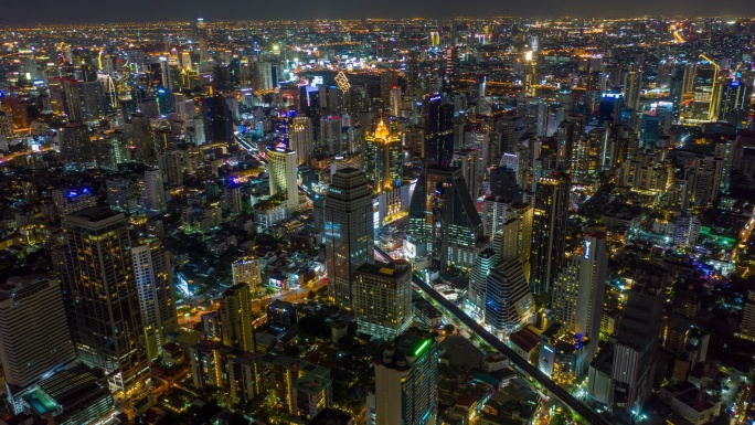 曼谷市夜间鸟瞰图夜景航拍璀璨灯火都市灯光
