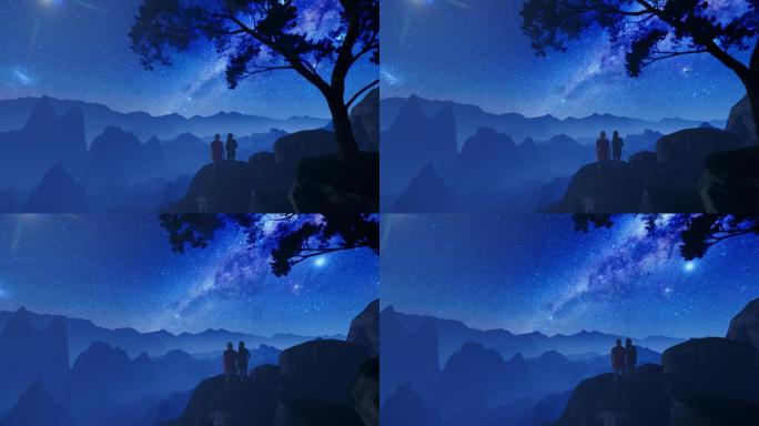 一对情侣在山崖上欣赏夜空