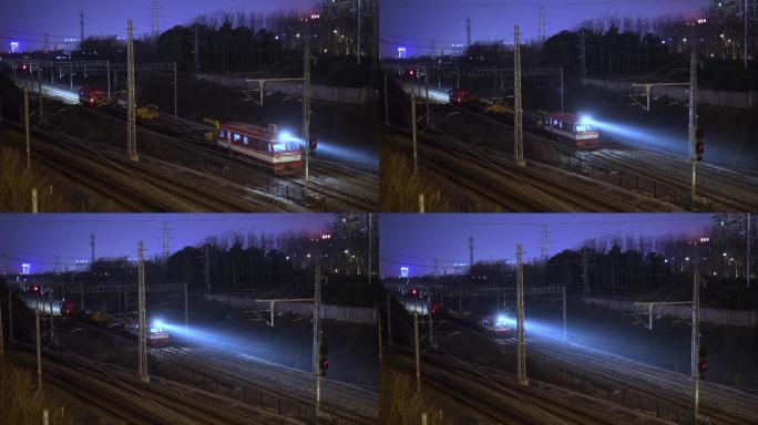 夜间拖车火车抢修 火车穿过城市