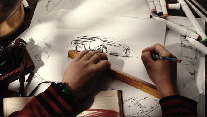 正在工作的汽车设计师画草图
