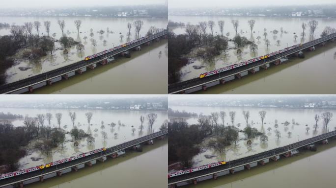 河岸在大雨后被洪水淹没鸟瞰图