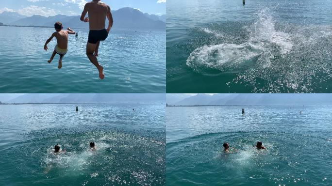 父子俩在湖边码头奔跑，跳入水中。