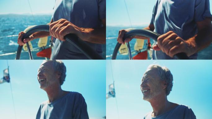 老人驾驶游艇轮船邮轮帆船旅游极限运动