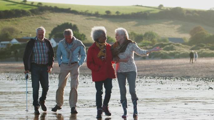 一群老年朋友沿着海滩的海岸线散步