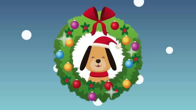 圣诞花环内戴圣诞帽的可爱狗狗动画