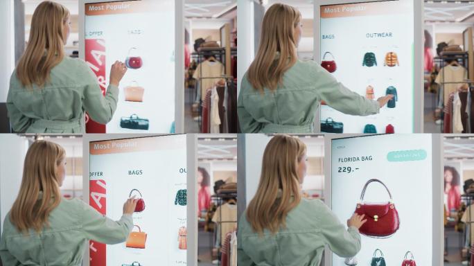 顾客在服装店购物时使用落地式液晶触摸屏