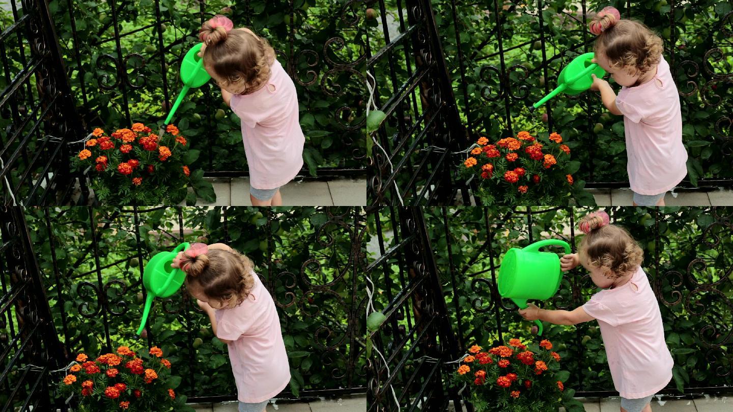 一个小女孩正在浇花