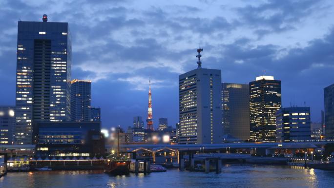 黄昏的东京海滨建筑群现代化大气外景全景空