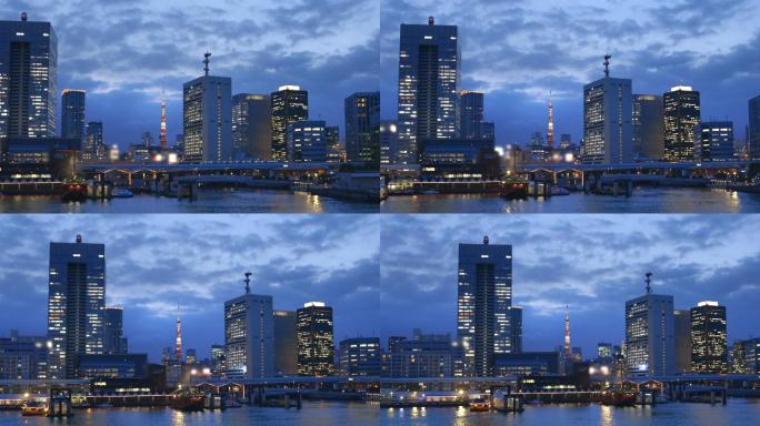黄昏的东京海滨建筑群现代化大气外景全景空
