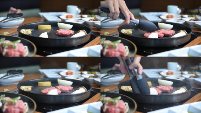 韩式热锅烤肉料理特写饭店餐馆