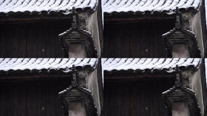江南冬天古建筑老房子马头墙白墙黑瓦白雪