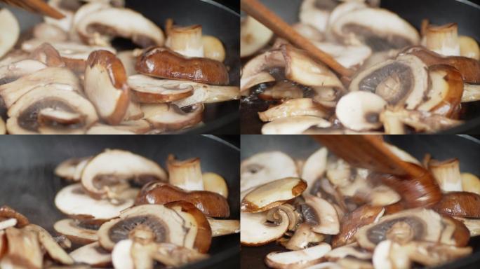 新鲜蘑菇片用热柄锅煎。