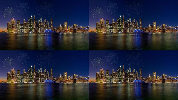 曼哈顿下城和布鲁克林大桥在夜晚的全景图