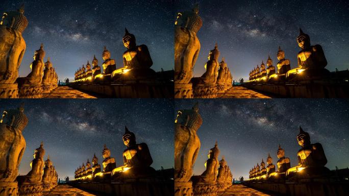 银河在泰国佛陀公园佛像上方移动的时间推移