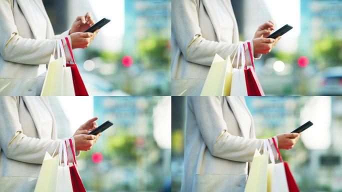 女人独自在城市中穿行，用手机发短信