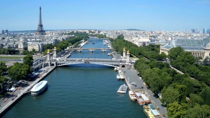 巴黎塞纳河鸟瞰图塞纳河畔航拍大景全景
