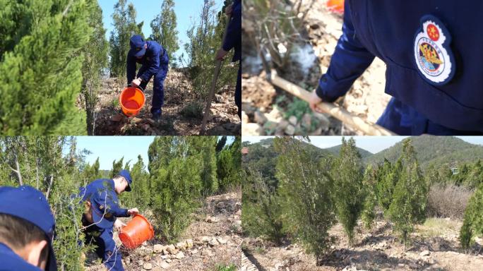 消防指战员义务种树 山地种树 爱岛林